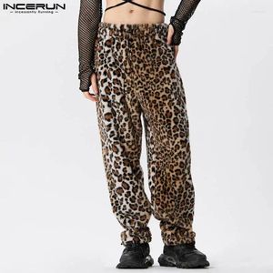 Calça masculina incerun 2024 personalidade sexy pantalons estilo americano estilo leopardo padrão de impressão de pelúcia masculino touras de partida de festas s-5xl