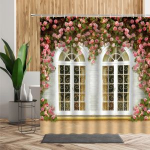 Set Kwiaty pasterskie trzciny trzcinowe Sceneria zasłony prysznicowe kwiatowe zielone drewniane drzwi do łazienki wystrój kąpielowy z haczykami ekran tkaniny