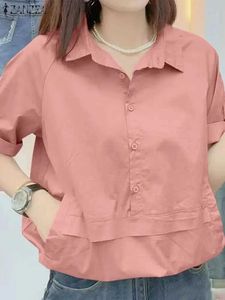 Women's Blouses Shirts ZANZEA Summer Casual Solid Color Tunic Tops Fashion Lapel Neck Shirt Woman Short Slve Button Blouse Female Vintage OL Blusas Y240426