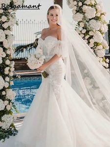 매력적인 환상 분리 가능한 슬리브 소매 인어 웨딩 드레스 연인 3D 꽃 아플리케 레이스 신부 가운 로브 드 마리에