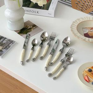 Dinnerware Sets French Retro Tableware Stainless Steel White Silver Steak Knife Dining Table Fork Spoon Dessert Tea Set Home Decoration