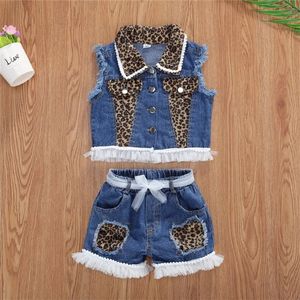 1-6years Baby Girls Denim Casual Outfit Sets Sleeveless Leopard Print Denim Top Leopard Print Denim Shorts Suits Girls 240429