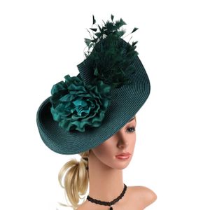 Breda randen hattar hink hattar eleganta blommor överdrivna tea party kentucky derby stråhatt med fjäderfascinator stor pillbox hatt cocktail pannband y240426