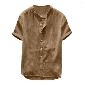 Camisas casuais masculinas Casal Casal Button Solid Cotton Linen Camisa de manga curta