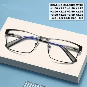 Óculos de sol May Flower Men Square Metal Metal Grande Frame Reading Presbyopia Glasses Reader 1.25 1.75 2,0 2,25 2,5 2,75 3,0 3,5 4 4,5 5,0 5,5 6.0