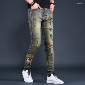 Men's Jeans Tight Pipe Male Cowboy Pants Graphic Punk Tapered Trousers For Men Skinny Slim Fit With Print Retro Japanese Street Style