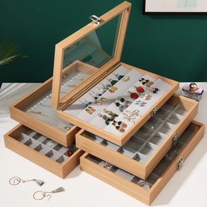 Jewelry Pouches Wooden Organizer Box With Glass Lid For Earrings Necklace Storage Stand Case Ring Display Holder Showcase