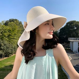 Women's extended brim sun protection hat, neck shawl, detachable half empty top, tied ponytail, breathable fisherman's hat