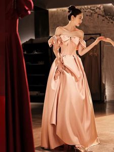 Runway Dresses Elegant Satin Pink Celebrity Bow Boat Neck Strapless A Line Pleated Off Shoulder Party Long Evening Prom Gowns Host