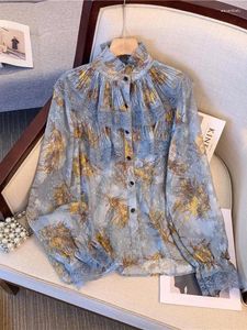 Kvinnors blusar vintage Sweet Elegant Blue Print rosa ruffles Flower Shirt för kvinnor Autumn White Long Sleeve Temperament Tops Bohemian