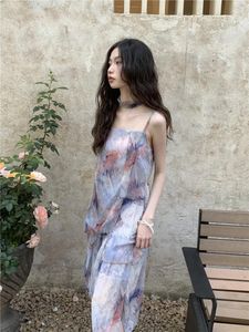 Casual Dresses Oil Painting Chiffon Lilac Sundress Long A Line Slip Dress Summer Holiday Vacation Outfits For Women 2024 Designer