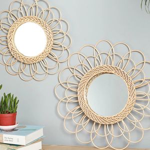 Sun Shape Decorative Mirror Rattan Innovative Art Decoration Round Makeup Mirror Dressing Bathroom Wall Hanging Mirror 240417