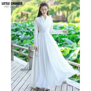 Etniska kläder vintage Cross Collar Han Element White Red Chiffon Elegant Fairy Dress Lång ärm Förbättrad Hanfu Chinese Dress Modern