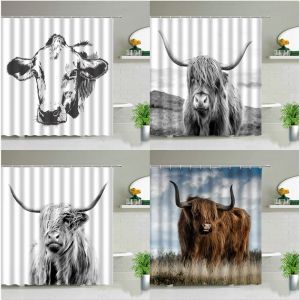 Установите Highland Cow Cow Animal Shrotains Экраны ванны 3D Принт Северной Европы Водонепроницаем