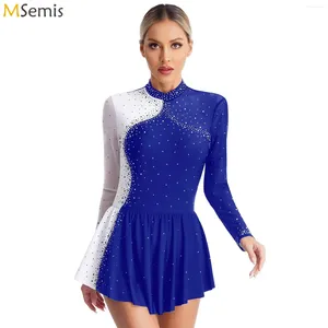 Bühne Wear Womens Ballet Tanz Kostüm Glitzer Strassfigur Skatingkleid Kontrastfarbe Langarm Lyrisch Lyrisch