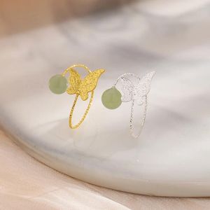 Ringos de cluster Fashion Moda Silver Gold Color Open DyDing Ring Hetian Jade Butterfly Elegant For Women Girl Jewelry Giftship por atacado