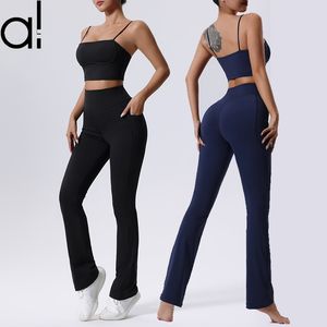 Al Yoga Suit Sports Bra+Leggings Tanques de roupas íntimas femininas Fitness Run Run Trem que absorve as alças finas de coletor coletado coletor de coletor com bolsos com bolsos