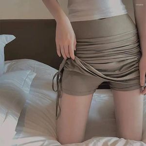 Skirts High Waisted Mini Casual A- Line Side Drawstring Sexy Skirt Built-in Panty Ruched Short Women