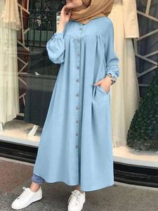 S-5XL muslimsk klänning kvinnor hijab skjorta långärmad maxi vestidos kvinnlig knapprock femme musulman hög wasit solid sundress 240415