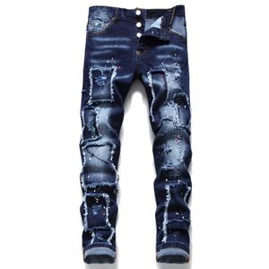 Men's Jeans Mens Fashion Tear High Quality Luxury Brand Slim Fit Small Foot Blue Pants Elastic Tight 54 Q240427