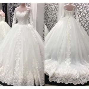 Bollklänning Brudbröllop Långärmar klänningar 2021 LACE Applique Sweep Train Corset Back Scoop Neck Custom Made Vestidos de Novia