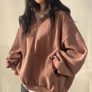 Kvinnors hoodies y2k tjock varm hoodie tröja kvinnor harajuku casual koreanska rockar lykta långärmad ficka halv zip upp pullover