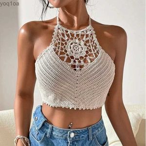 Womens Tanks Camis 2024 Crop Top Vintage Wild Hollow Perspective Tassel Sexy Italian Spaghetti Shoulder Strap Tank Top Womens Built In Bra New Back Lace Sling Ne