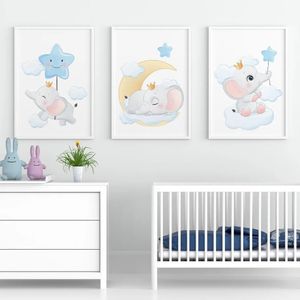 Cartoon Moon Star Cloud Elephant Nursery Wall Art Print Canvas Painting Nordic Posters Pictures Baby Kids Room Decor 240426