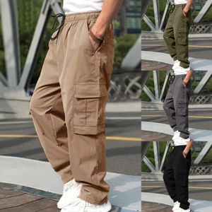 Calças de carga casual calças elásticas de cintura de cordão multi -bolsos de quadrilha de quadras de hip -hop calças de perna larga reta 240428