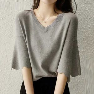 Women's Blouses Shirts Womens Short Slve V-Neck Knitting Shirt Casual Loose Tops Ice Silk Blouse Gray Lady Clothes New 14799 Y240426