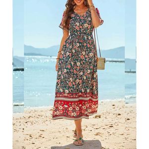 Grundläggande avslappnade klänningar plus storlek lång klänning för kvinnor 2024 Summer Beach Bohemian Dresses Overdimensionerade kvinnliga kläder Elegant Vestido Casual Floral kjol Y240429G9G3