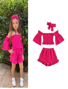 Retailwhole 3 Colors Girl One Phouldling Close Kinds Clothing Sets 3pcs Set Cute Mini Topshortbow Headband Girls Outfits Childr2823411