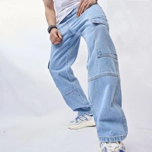 Herr jeans streetwear män multi ficka lös rak last stilig manlig god kvalitet casual denim byxor