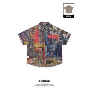 GPStudio American Hiphop Duasa lados graffiti impresso para a sensação artística de verão masculino, babados e a camisa de mangas curtas e de mangas curtas