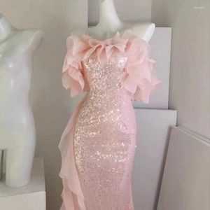 Casual Dresses High-End Sparing Sequined Sexy Strap Pink White Long Dress Women 2024 Bodycon Robe Evening Party Wedding