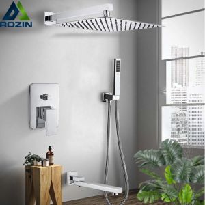 Set Rozin Wall Mount Rainfall Shower duucet Set Chrome Dolda badrumskran System 16 '' Huvud med svängbar badkar Spout Mixer Tap