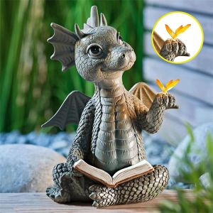 Decorations Garden Reading Book Little Dragon Sculpture Cute Dragon Statues Resin Dragon Sculptures Art Ornament for Lawn Yard Home Decor