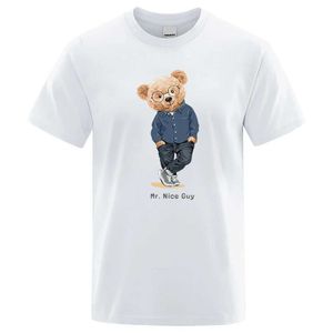 メンズTシャツ紳士ミスターテディベアナイスガイプリント男性ショートスルベトコットンTシャツルーズ特大の衣服カジュアルな通気性TS Y240429