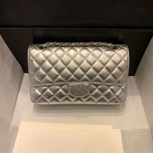 10A зеркало качество дизайнер 25 см средней сумочки Классические двойные пакеты для женщин для женщин настоящий кожаный серебряный стеганый кошелек