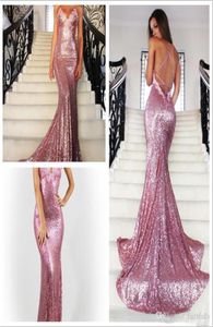 Backless Sequin Sukienki Promowe Sukienki PROM NOWA moda Otwarte plecy Sparkle Glitter Prom Solens Vneck z aplikacjami Formalne sukienki imprezowe 8318634