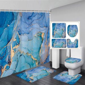 Set Abstract Blue Marble Shower Curtain Set Gold Line Ink Texture Art Modern Luxury Home Bathroom Decor Bath Mats Toilet Lid Cover