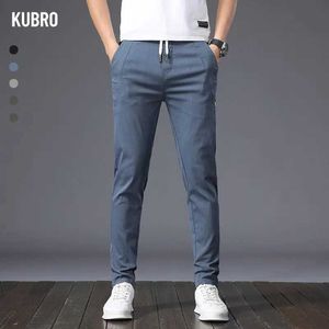 Men's Pants KUBRO 2023 Mens Summer Casual Ice Silk Straight Tube High Drawing Elastic New Autumn Fashion Business Blue Trousers Q240429