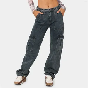 Kvinnors jeans streetwear hög midja street löst lastbyxor fickor midja i sträcka 90 -talets vintage kläder