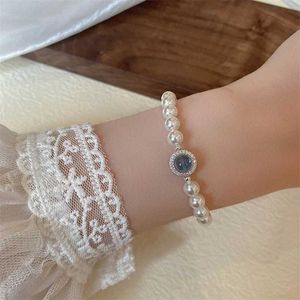 Chain Elegant Aquamarine Gemstone Zircon Pearl Bracelets for Women Round Silver Color Rhinestone Pearl Bracelets Wedding Jewelry Gift