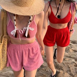 East Gate Summer New Solid Color Towel Material Suspended Tank Top Elastic Waist Shorts Swimwear Swimwear