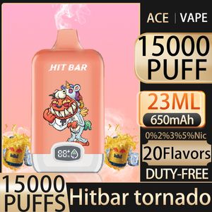 오리지널 히트 바 토네이도 15000 퍼프 vapes 일회용 E 담배 퍼프 15K 1OHM 메쉬 코일 23ml 포드 배터리 충전식 전자 담배 0% 2% 3% 5% vape 펜