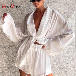Women's Tracksuits Casual White Home Suits Elegant Loose High Waist Shorts Set Fashion Long Sleeve Lace-Up Robe 2 Two Piece Women Outfits