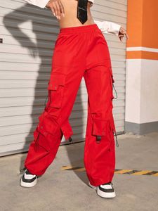 سروال نسائي Capris Y2K 2023 High Strt Trend Hip Pop Flap Side Pocket Color Solid Loving Weist Sould Straight Pants Strowear Y240429