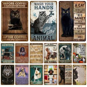 Decorações retro preto gato metal sinal poster engraçado gato lata sinal animal vintage placa decoração de casa artes de pet shop cães barra de cachorro placa