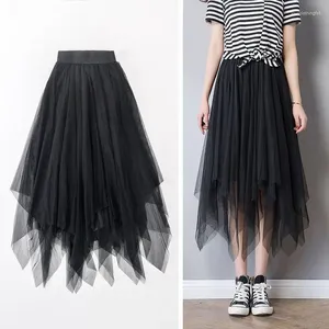 Kjolar kvinnor asymmetrisk kjol vår hösten hög midja ruffles mesh tutu tyll midi svart kvinna